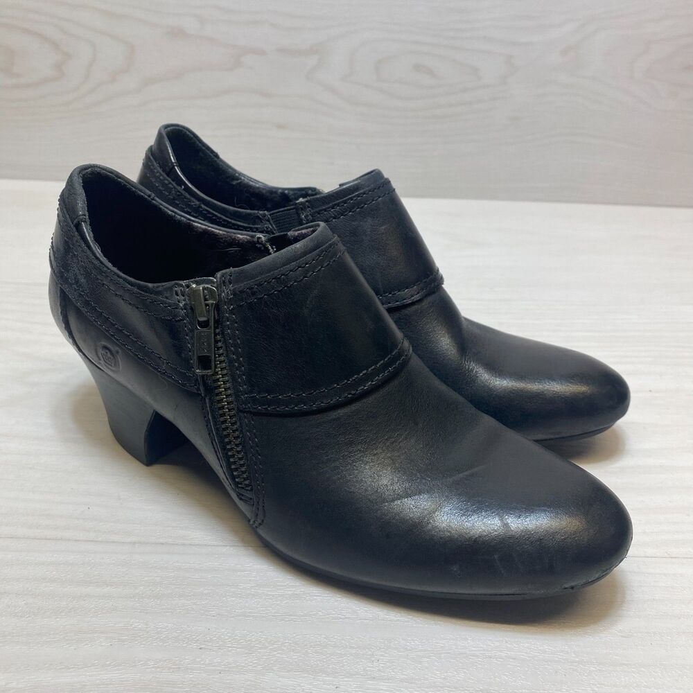 Born Huntley Ankle Booties Women's Size 6.5 Black Leather Block Heel Boots Comfy
